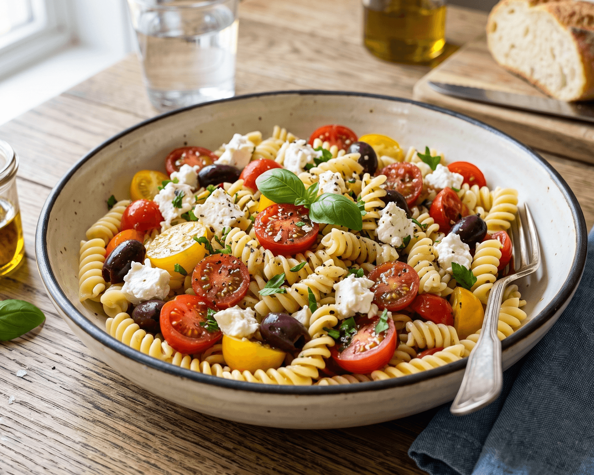 Salade de pâtes aux tomates cerise, olives noires, feta