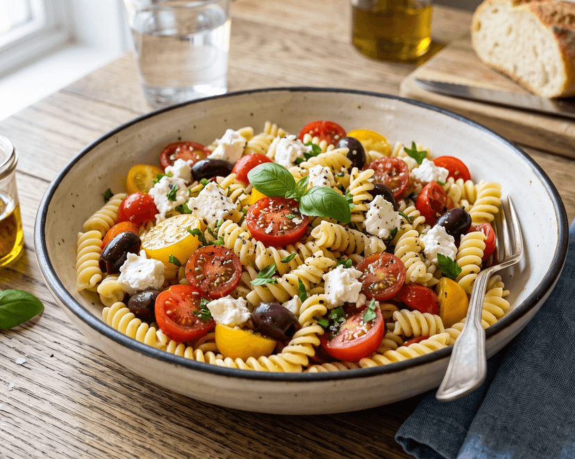 Salade de pâtes aux tomates cerise, olives noires, feta