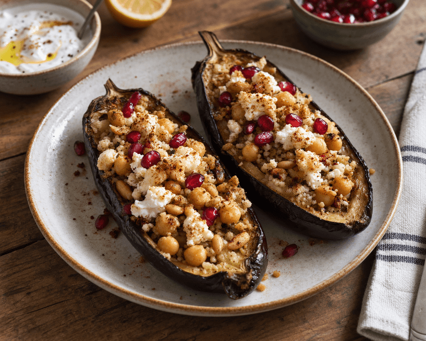 Aubergines rôties au four, pois chiches et feta