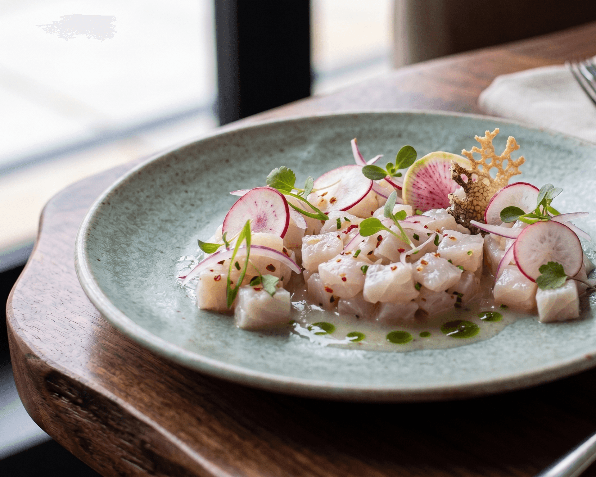 Ceviche de bar, oignon rouge et lait de coco