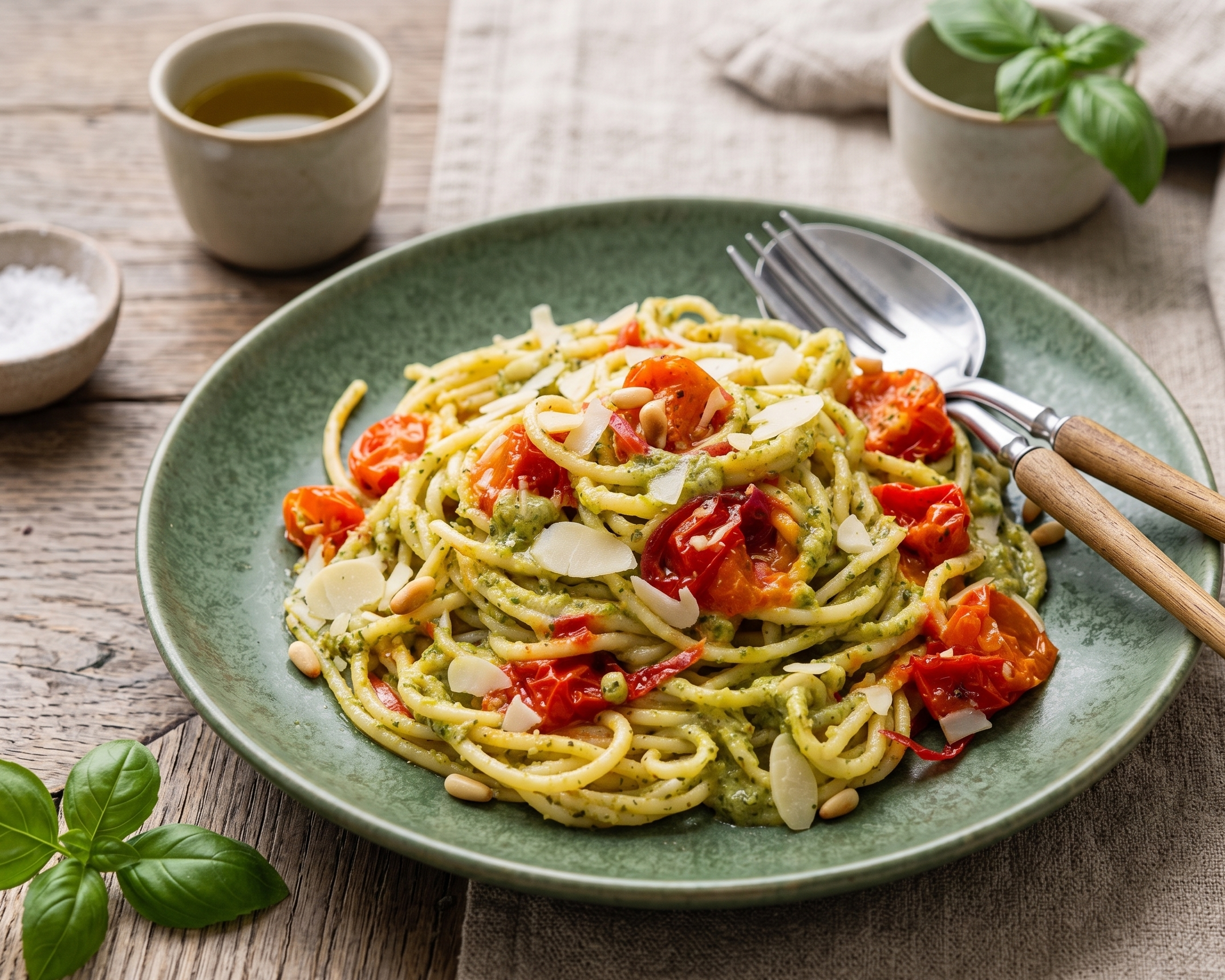Spaghetti au pesto de basilic et compotée de tomates cerises