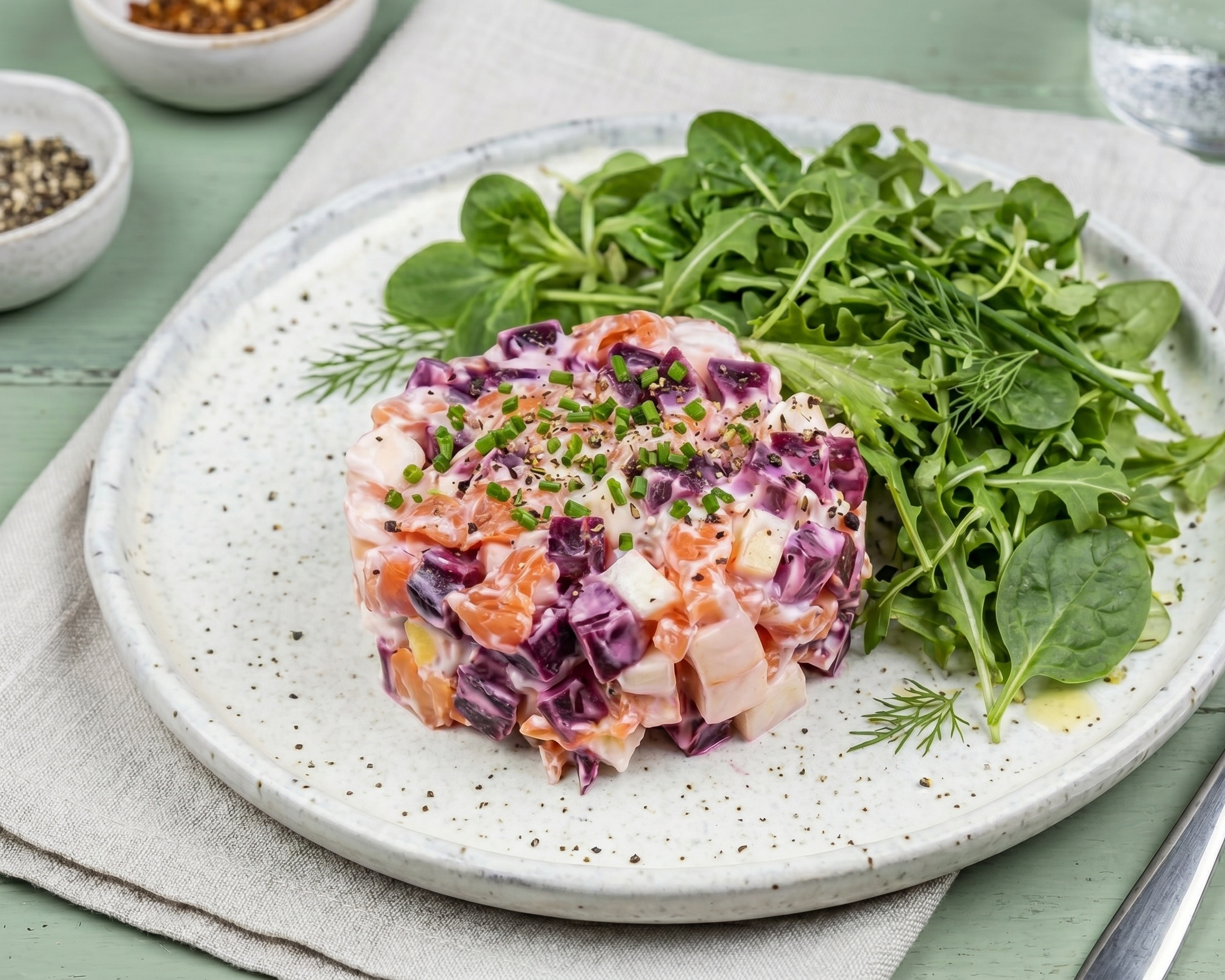 Tartare de truite fumée, betterave et pomme
