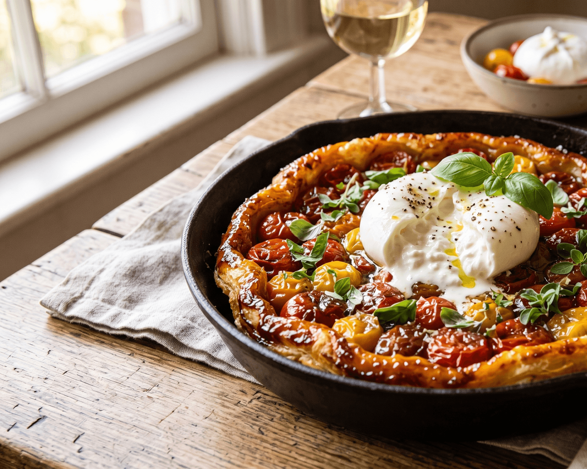 Tarte tatin tomates cerises, burrata