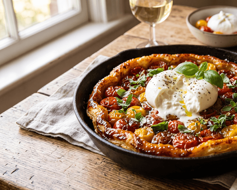 Tarte tatin tomates cerises, burrata